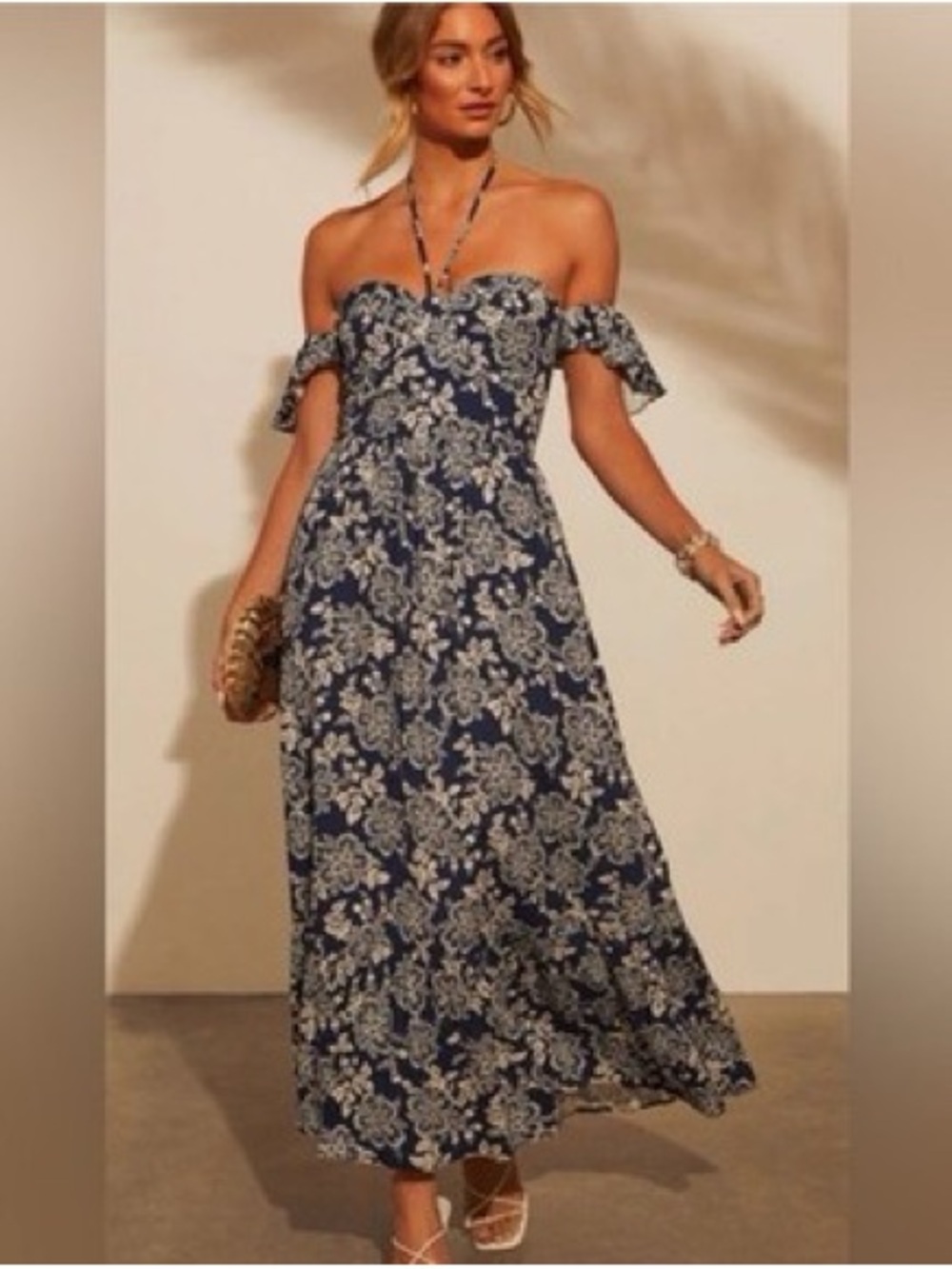 VICI Navy Blue Off-Shoulder Printed Maxi Dress